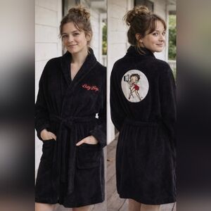 Betty Boop Black Terry Robe Embroidered Back Patch Tie Waist